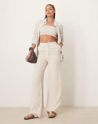 ASOS DESIGN Tall relaxed straight leg pants with linen in stone | ASOS (Global)