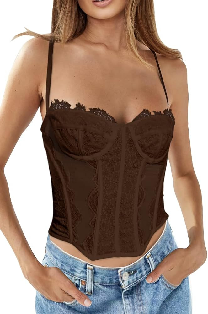 Dealmore Womens Lace Bustier Mesh Sexy Vintage Spaghetti Strap Open Back Boned Corset Going Out P... | Amazon (US)