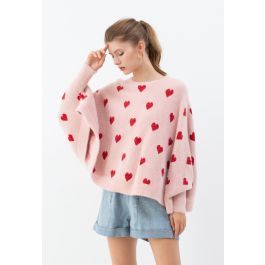 Batwing Sleeves Heart Fluffy Knit Sweater in Pink | Chicwish