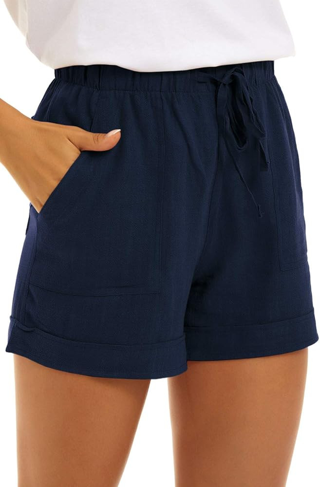 KINGFEN Women Casual Shorts Drawstring Comfy Elastic Waist Shorts Summer Pull On Short with Pocke... | Amazon (US)