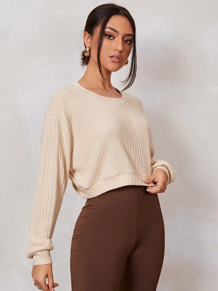 SHEIN EZwear Rib Knit Drop Shoulder Sweatshirt | SHEIN