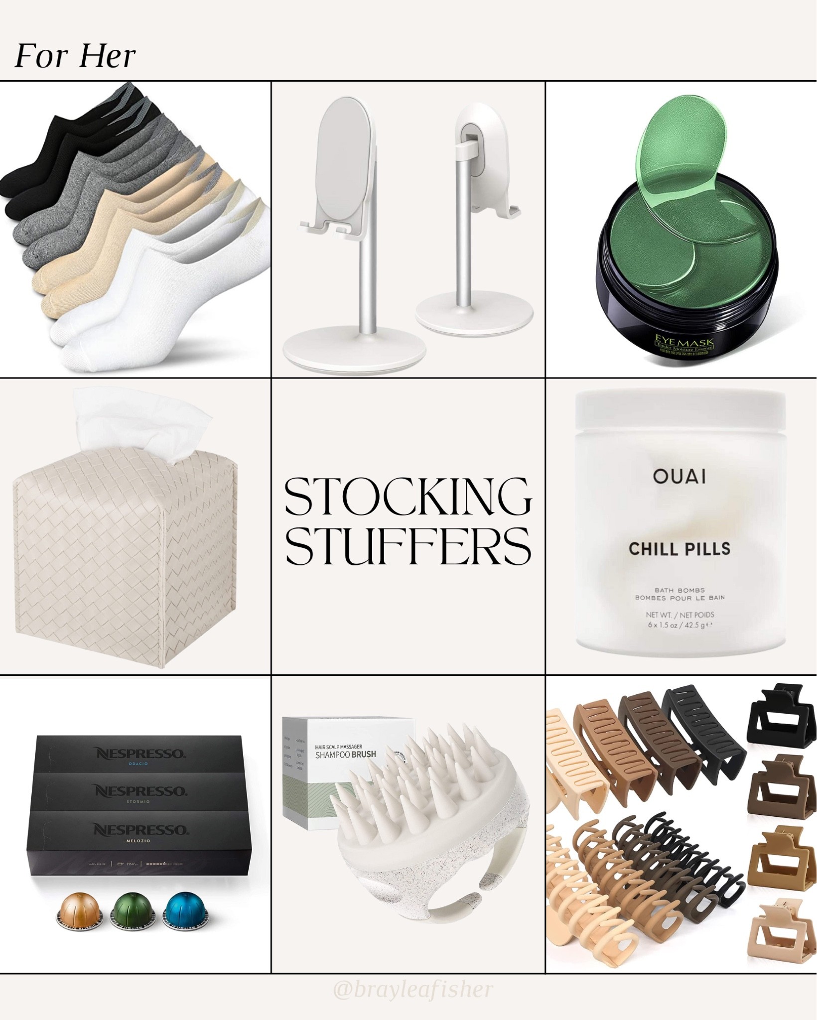 Stocking stuffers for her 🤎 

eye mask, amazon, amazon clips, non slip socks, tissue box cover, nespresso pods, scalp scrubber, iphone stand, bath bombs

#LTKunder100 #LTKHoliday #LTKCyberweek