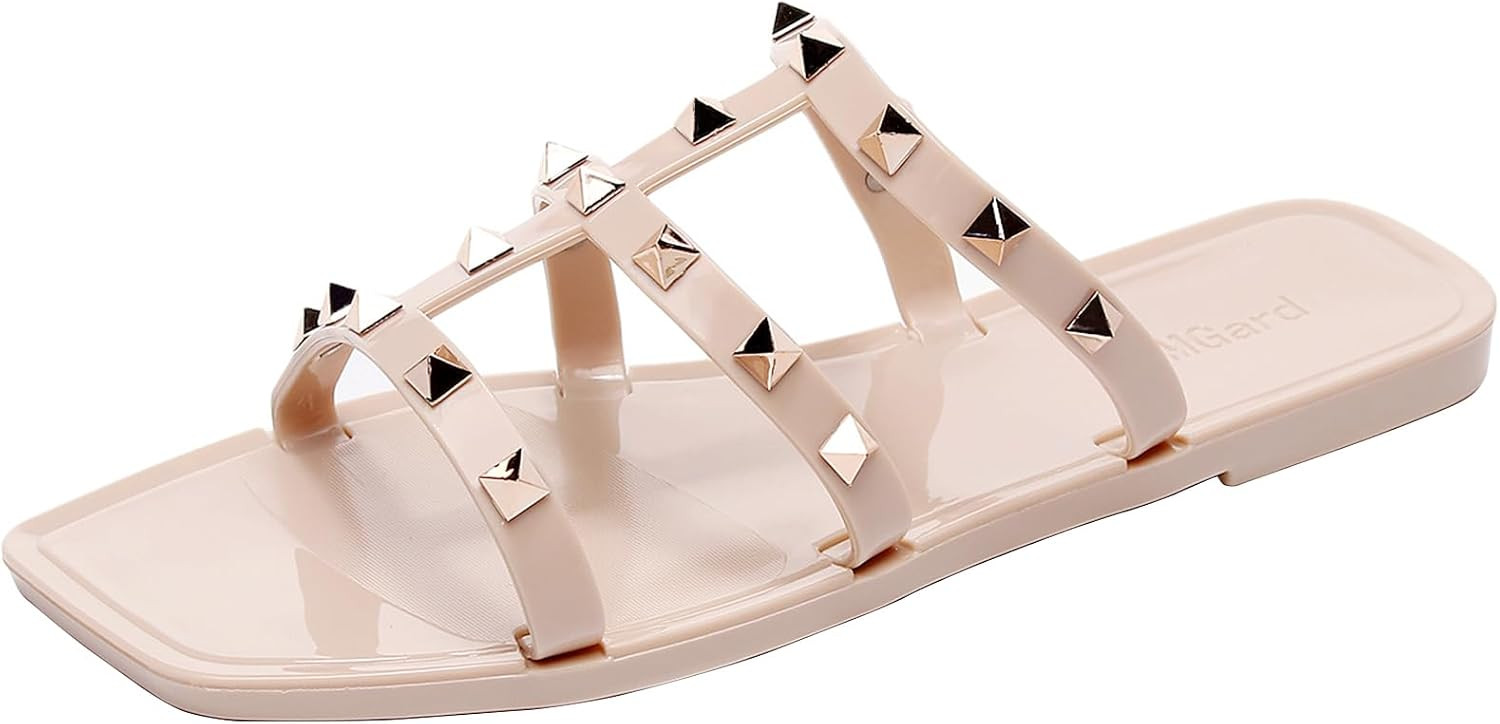 Women Flats Sandals, Studded Jelly Shoes Size 9 Red Dressy Summer Beach Rivets Strappy Jellies Slide Slip On Open Toes | Amazon (US)