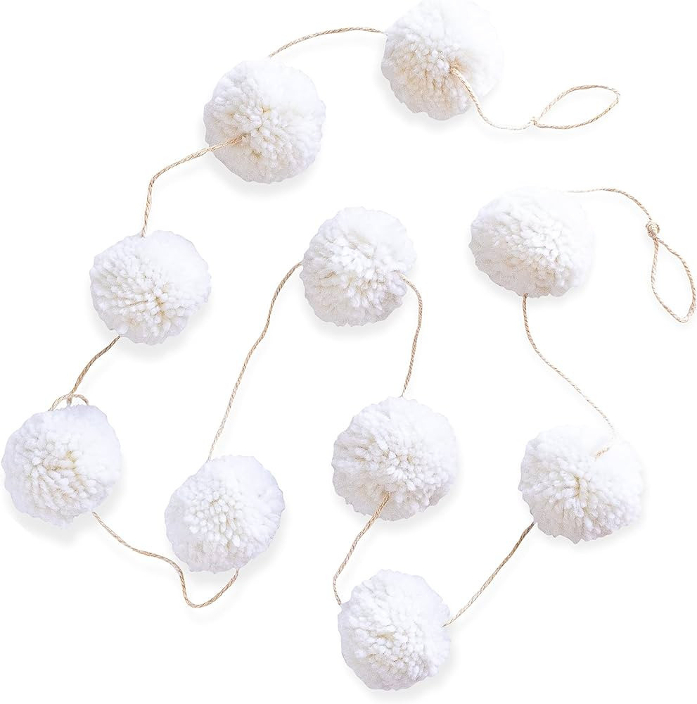Sageinthyme 6ft Yarn pom pom White Garland Large Boho Minimalist Home Decor Farmhouse Mantel Holi... | Amazon (US)