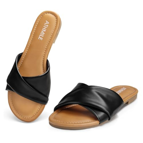 ATHMILE Sandals Women Dressy Summer Flat Comfortable Fashion Beach Cute Ladies Slides Leather Cas... | Amazon (US)