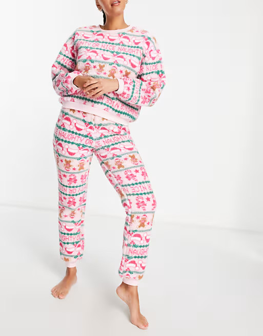 ASOS DESIGN Christmas lounge fairisle teddy sweatshirt & sweatpants in pink | ASOS (Global)