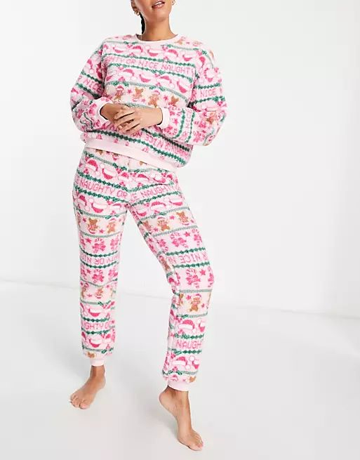 ASOS DESIGN Christmas lounge fairisle teddy sweatshirt & sweatpants in pink | ASOS | ASOS (Global)