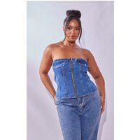 Plus Mid Blue Wash Bandeau Zip Up Denim Corset | PrettyLittleThing US