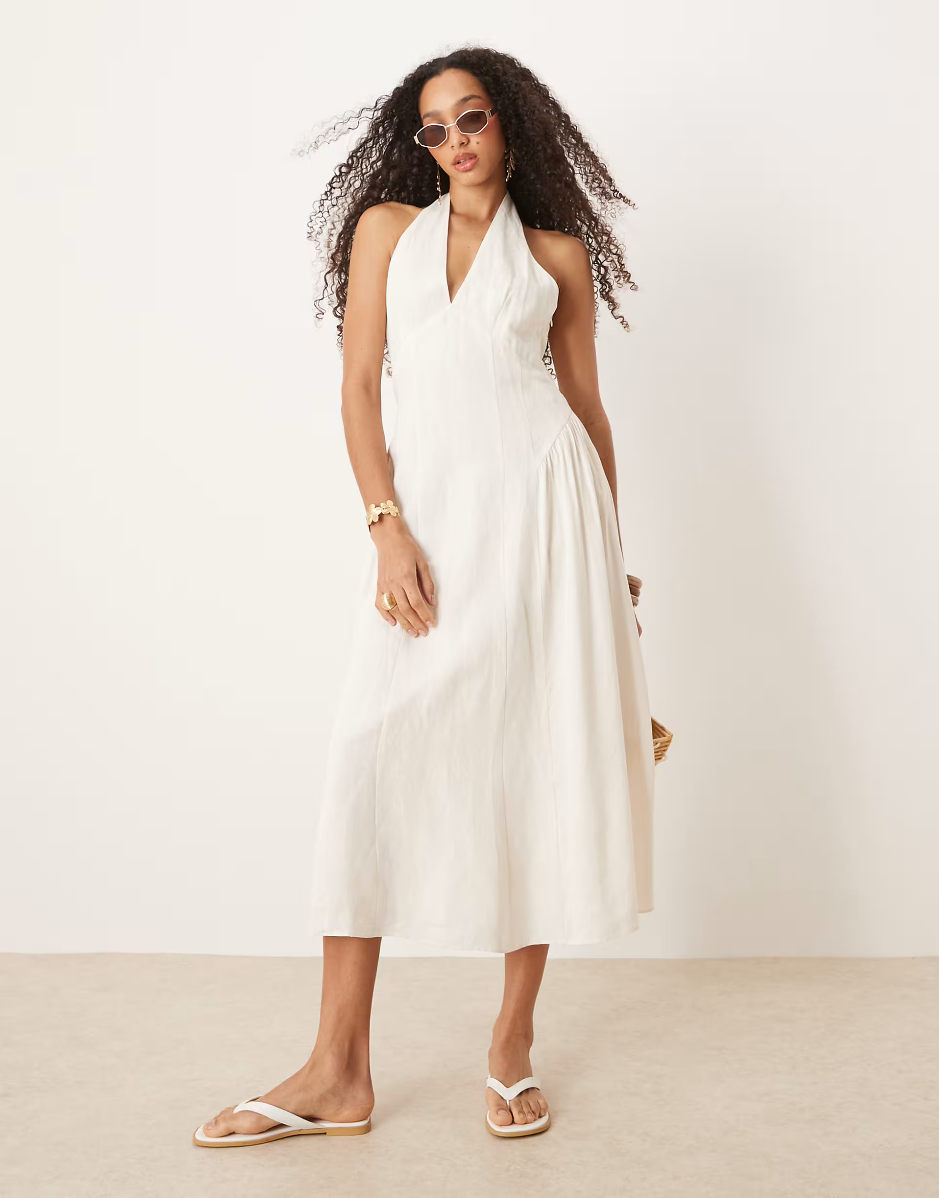 Mango linen mix halter neck midi dress in white | ASOS (Global)