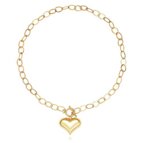 BONJOULRY Chunky Gold Bubble Heart Charm Toggle Necklace for Women, Gold Statement Thick Paperclip Link Chain Puffy Heart Pendant Choker Necklaces for Women Trendy Jewelry Cute 25MM | Amazon (US)