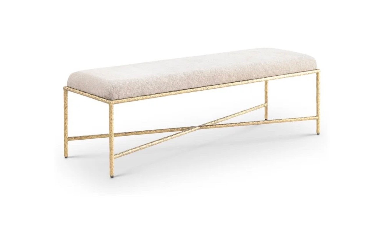 Bench. Upholstered bench. Gold bench. RH. Look for less.

#LTKHome