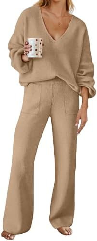 MEROKEETY Women's 2 Piece Outfits Long Sleeve V Neck Knit Pullover Tops and Wide Leg Pant Lounge ... | Amazon (US)