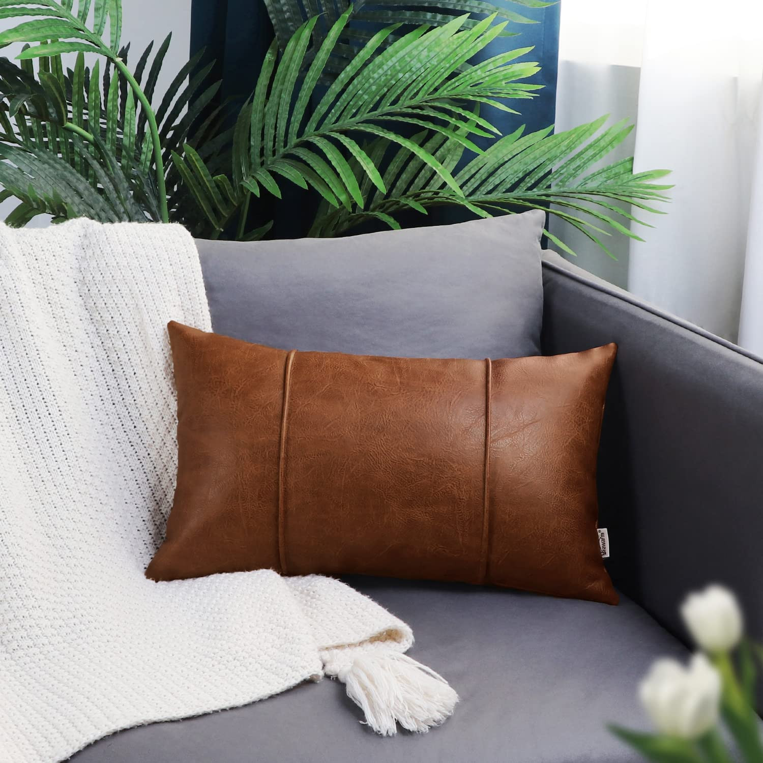 BRAWARM Brown Leather Throw Pillow Covers 12 X 20 Inches - Faux Leather Lumbar Pillow Cover with ... | Amazon (US)