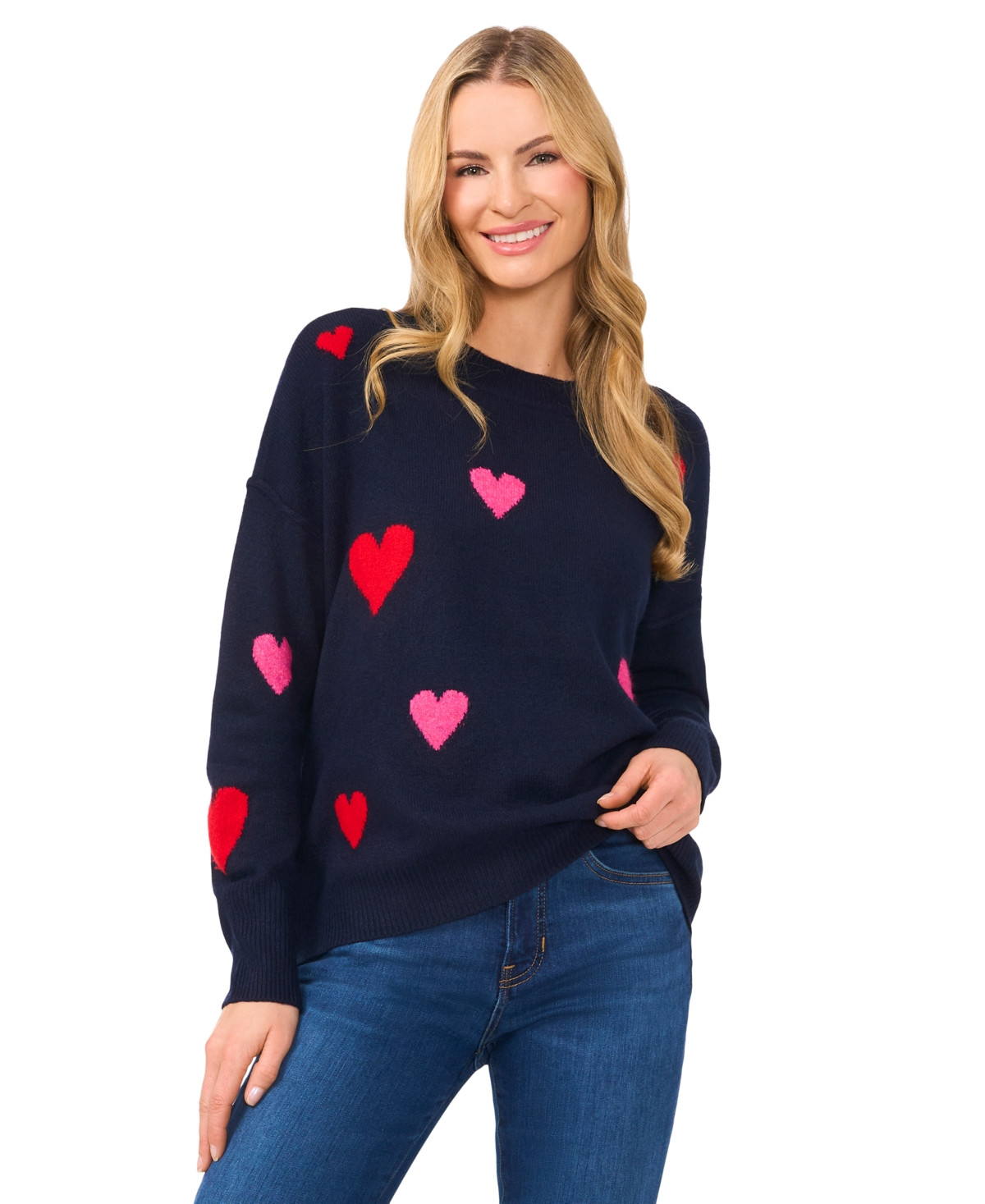 CeCe Women's Heart-Print Crewneck Long-Sleeve Sweater - Classic Navy | Macy's