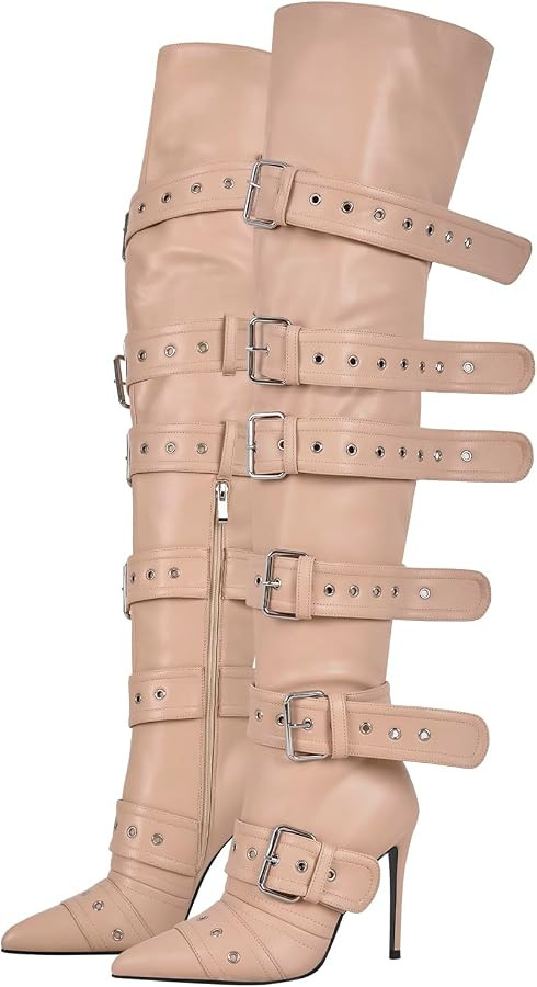Multi Buckle Strap Over the Knee Pointed Toe Belts Stiletto Heeled Booty Thigh High | Amazon (US)