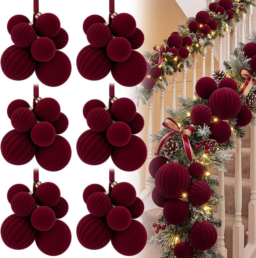 Skylety 6 Sets Burgundy Christmas Ball Clusters Ornaments Xmas Tree Decor | Amazon (US)