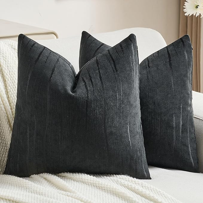 FUTEI Black Chenille Decorative Throw Pillow Covers 22x22 Inch Set of 2,Soft Embossed Striped Tex... | Amazon (US)