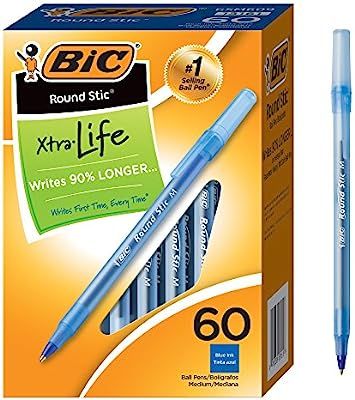 BIC Round Stic Xtra Life Ballpoint Pen, Medium Point (1.0mm), Blue, 60-Count (GSM609-BLUE) | Amazon (US)
