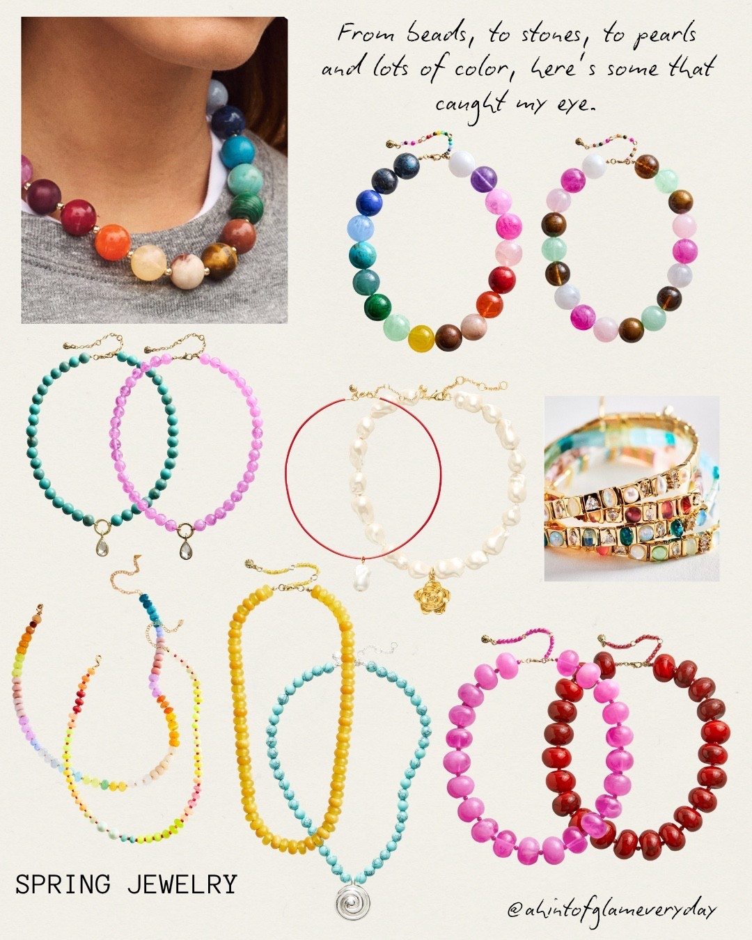 Spring outfits 2026. Spring jewelry. 
Colorful beaded necklace. Bracelets. Pearl necklace. Chunky necklace. Stone necklace. Stretch bracelets  

#LTKOver40