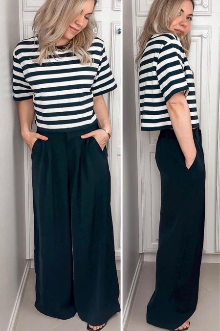 Striped tee
Cropped tee
Pleated pants
Pants 
Black sandals 
Amazon finds
Amazon fashion 
Spring outfit
#ltku 

#LTKstyletip #LTKSeasonal