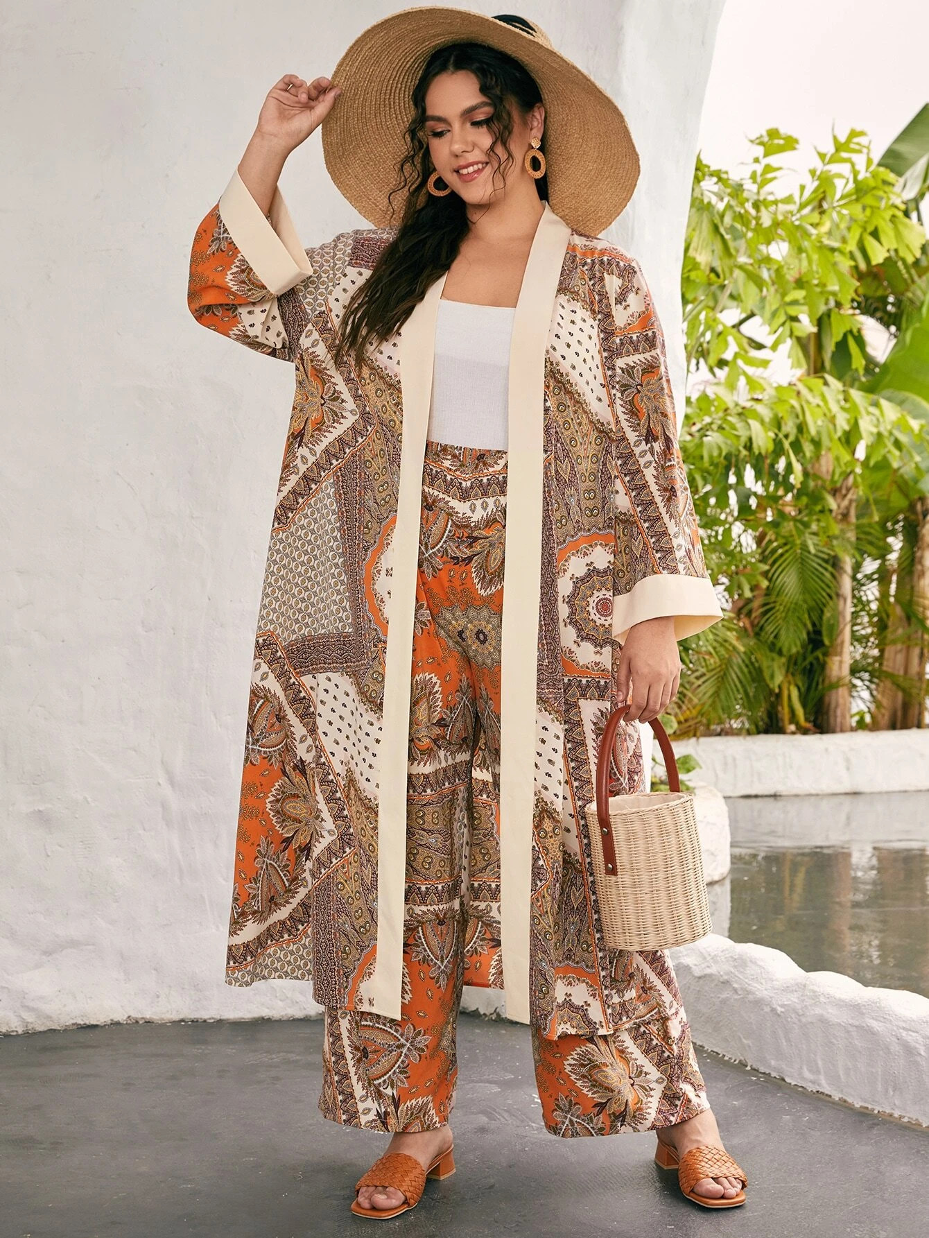 SHEIN Mulvari Plus Graphic Print Longline Kimono & Pants Set | SHEIN