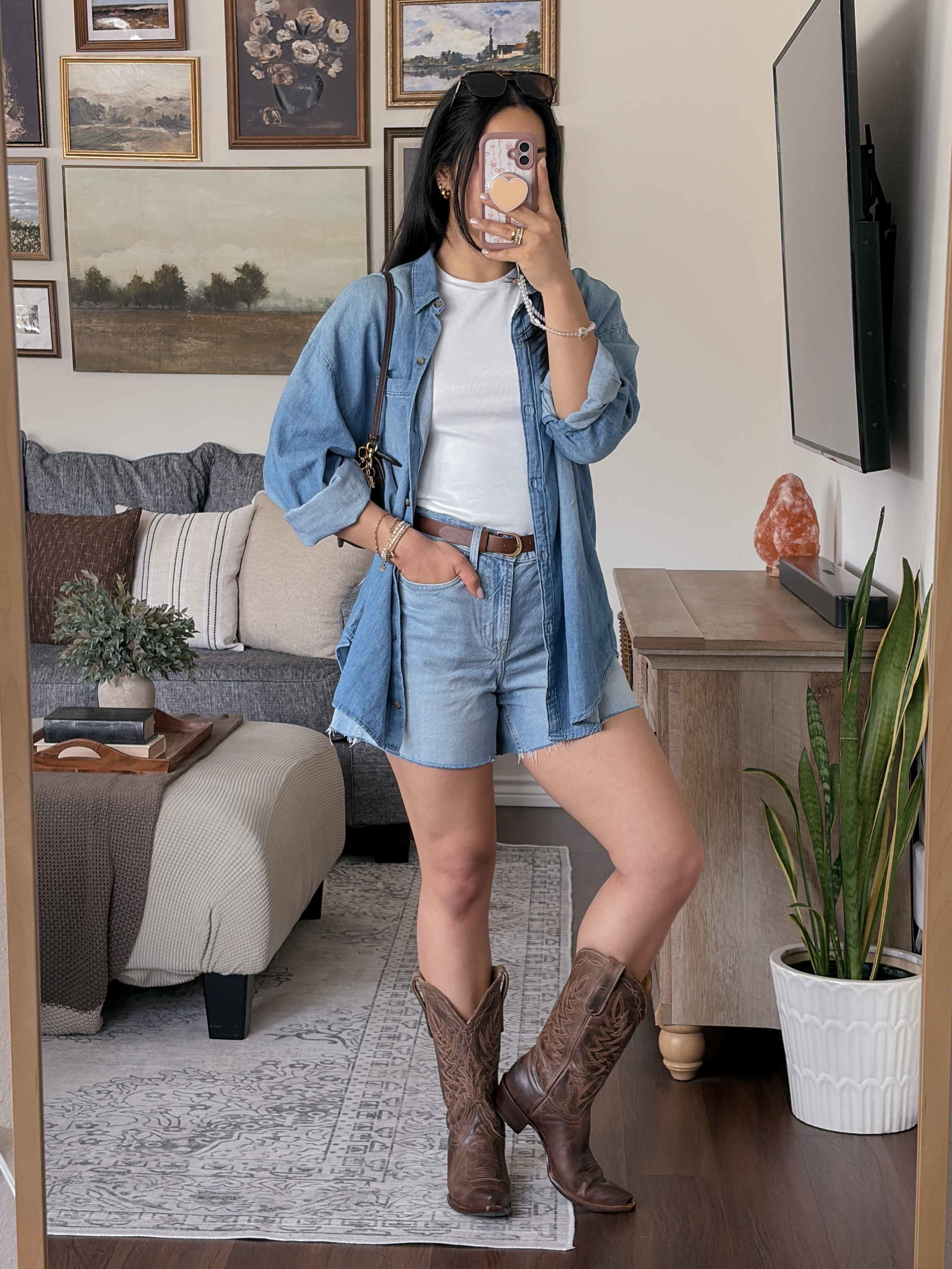 outfit inspo // denim button down outfit, denim shirt outfit, chambray shirt outfit, ways to style denim shirt, 3 ways to style outfit, styling basics, outfit ideas with denim shirt, versatile outfit ideas, capsule wardrobe styling, wardrobe staples, everyday outfit ideas, casual chic outfit, effortless style, elevated basics, mix and match outfits, repeat outfit ideas, outfit transitions, day to night outfit, street style denim, layered outfit inspo, casual cool outfit, modern minimal style, neutral outfit inspo, everyday style, outfit inspo, ootd, style inspo, fashion inspo 2026, Old Navy outfit, old navy haul, affordable fashion, budget friendly outfits, brown western boots outfit, cowboy boots outfit, western boots styling, 3 ways to style boots, how to style cowboy boots, western outfit inspo, modern cowgirl outfit, western chic outfit, casual western style, street style western, boots outfit ideas, everyday outfit with boots, fall western outfit, spring western outfit, country concert outfit, rodeo outfit inspo, denim and boots outfit, boots and dress outfit, boots and skirt outfit, statement boots outfit, casual chic outfit, effortless style, outfit transitions, day to night outfit, ootd, outfit inspo, style inspo, fashion inspo 2026, Cavender’s boots, western wear style, texas style outfit  

 #LTKFestival #LTKgrwm #LTKootd