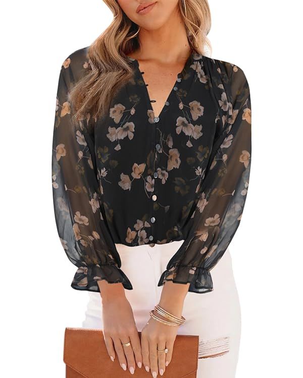 Womens Casual Boho Floral Print V Neck Long Sleeve Blouses Button Down Shirts Dressy Chiffon Loos... | Amazon (US)