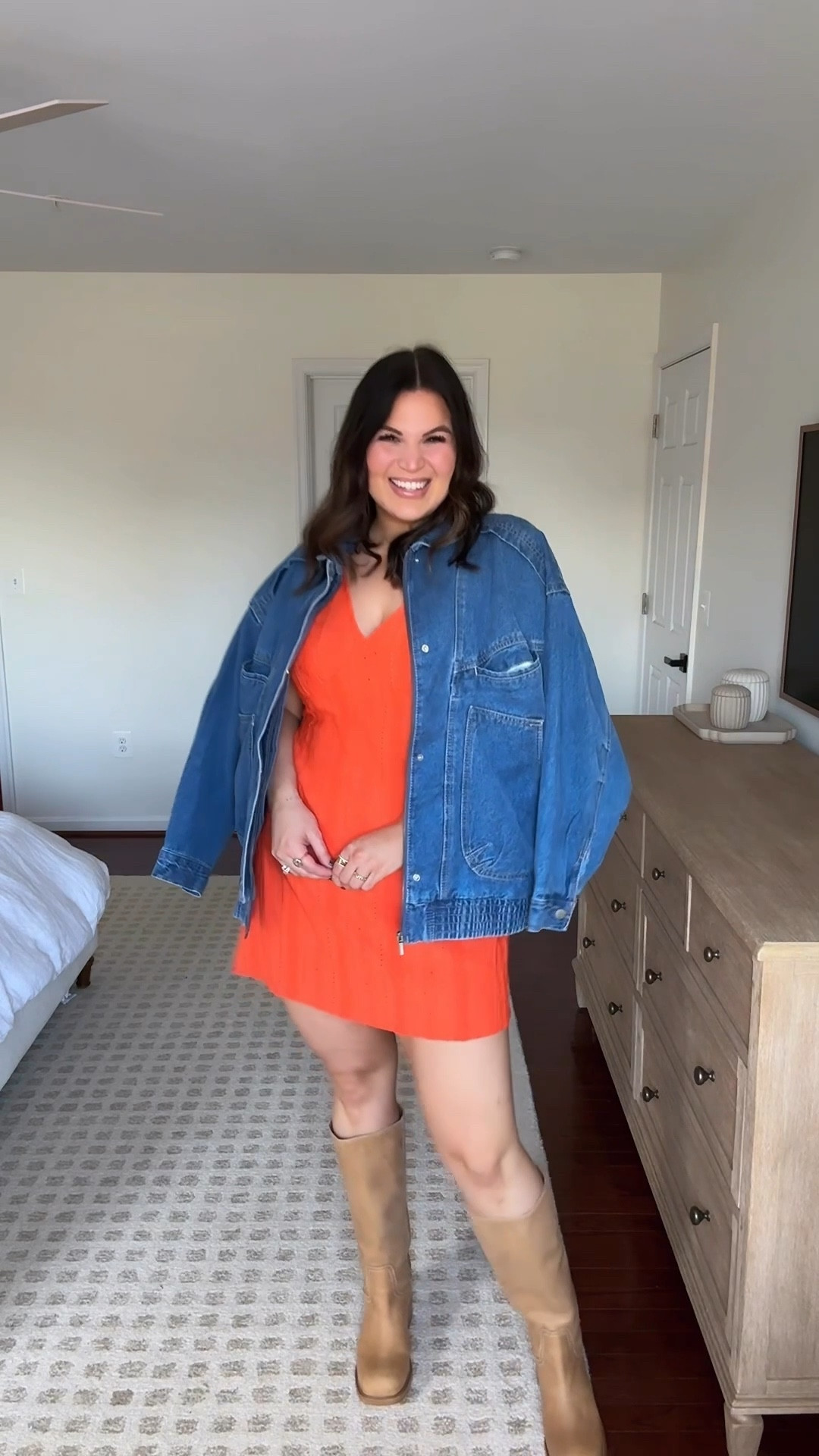 #ad Three ways to wear the @vanityfairlingerie smoothing underwire strapless bra this fall 🍁 

It’s designed to be worn 5 different ways, but here I styled it: first look - strapless, second outfit - crisscrossed in back, and third - with the straps on, like a traditional bra. Which look is your fav? 

#VanityFairLingerie #InspiredByYou #TargetPartner #Target 

Sizes : 
Brown top - xl
Jeans - 16L (I think I should have gone with a size 14L) 
Orange dress - xl
Denim jacket - xl 
Cardigan - xl
Skirt - large 
Leopard flats - 9 



#LTKTall #LTKSeasonal #LTKMidsize