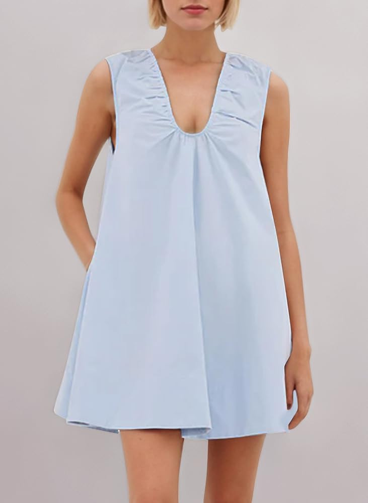 Women's Sleeveless Babydoll Tank Mini Dress Scoop Neck Ruched Bubble Dress with Pockets Short Sum... | Amazon (UK)