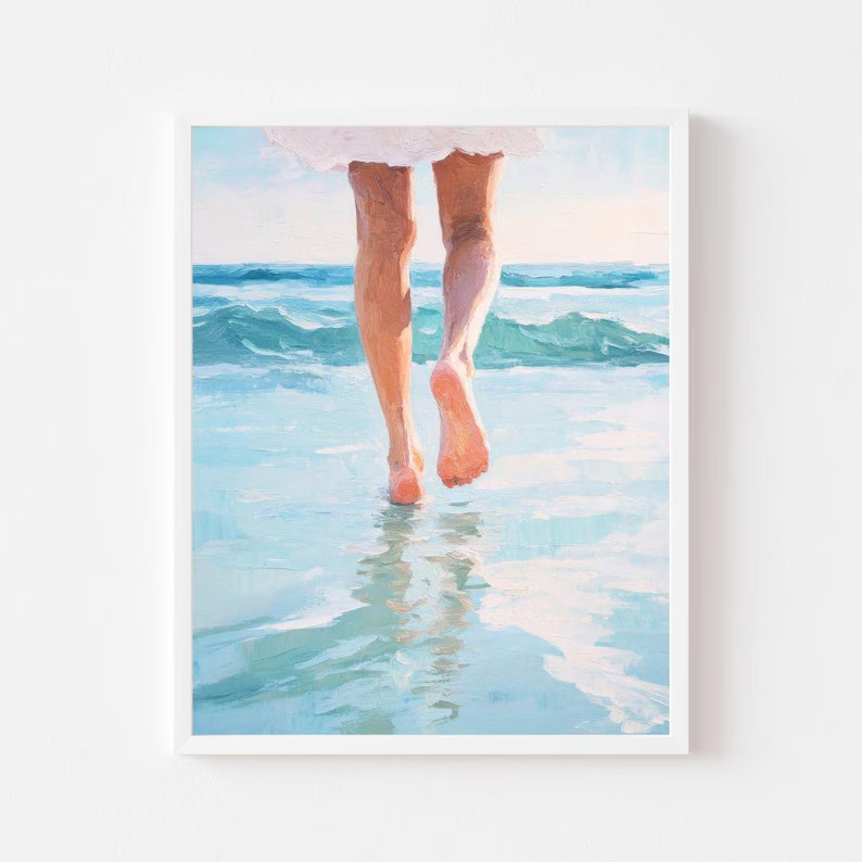 Girl Walking to the Ocean Painting | Girly Beach House Wall Art Print | Coastal Summer Digital Do... | Etsy (US)