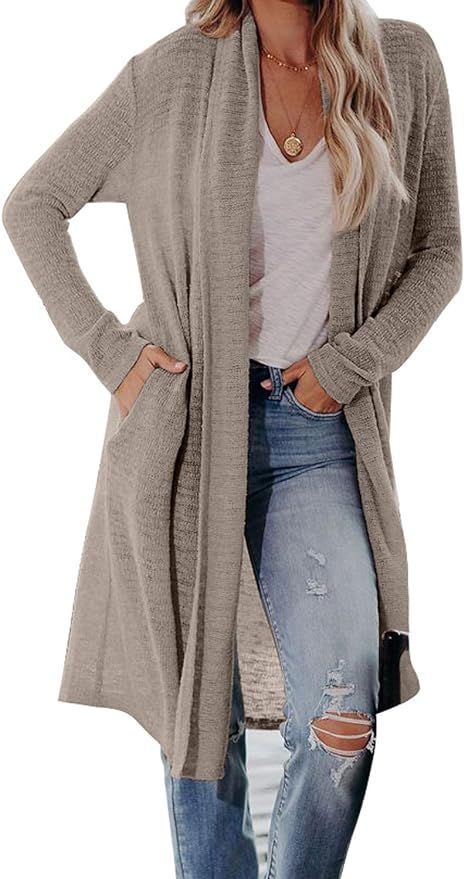 ROSKIKI Womens Casual Long Sleeve Open Front Knit Cardigan with Pocket Sweater Outwear | Amazon (US)