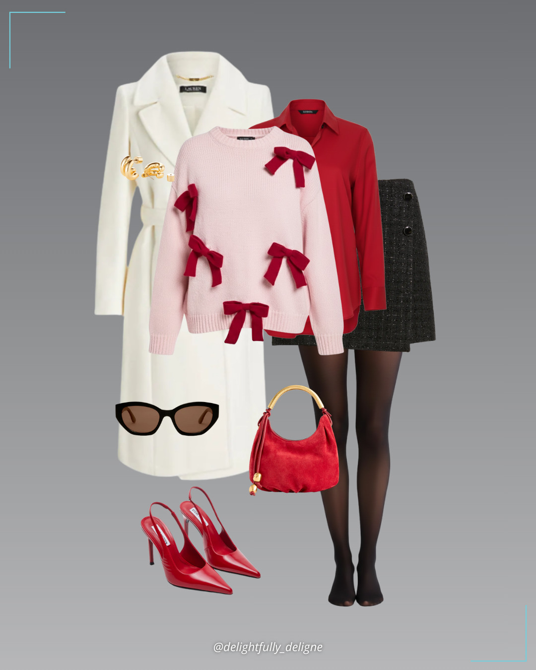 Classic Valentine Layers ❤️🩷Ralph Lauren belted coat, tweed mini skirt, pink oversized chunky knit bow jumper, red button-up shirt, red pointed-toe slingback pumps, suede mini bag, mini Florence earrings, polarized sunglasses & opaque tights. 

 #LTKgrwm #LTKootd #LTKOver40