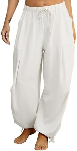 Women's Linen Balloon Barrel Beach Pants Boho Harem Flowy Drawstring Casual Loose Pants with Pock... | Amazon (US)