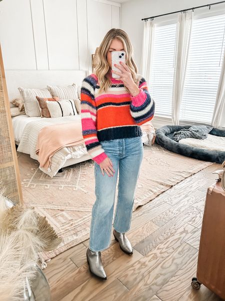 fun sweater and favorite pair of denim jeans and metallic boots - what i wore to the office for a casual fun winter look 

#LTKfindsunder100 #LTKMostLoved #LTKworkwear
