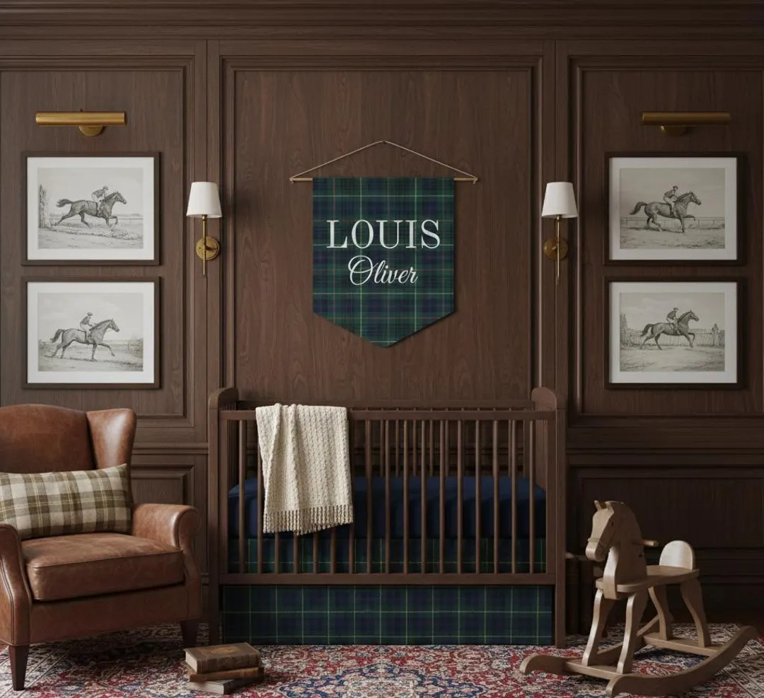 Vintage Preppy Navy & Green Tartan Name Pennant Personalized Plaid Wall Banner Custom Name Nurser... | Etsy (US)