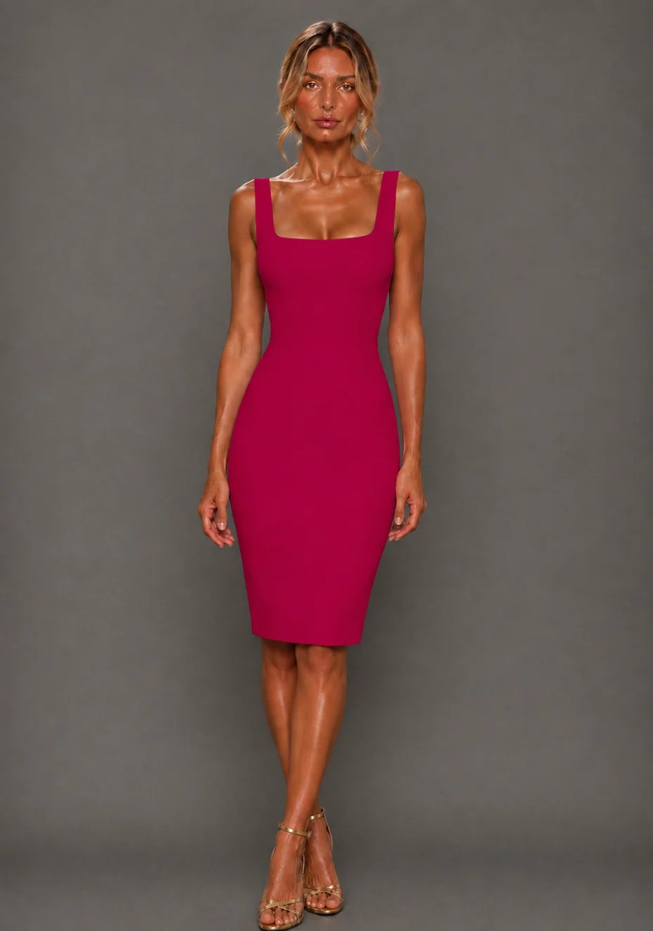 Zada | Square Neck Cerise Midi Dress | VSPR US