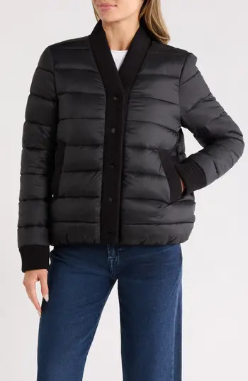 Rebecca Minkoff Water Resistant Ribbed Trim Puffer Jacket in Black at Nordstrom Rack, Size Large | Nordstrom Rack