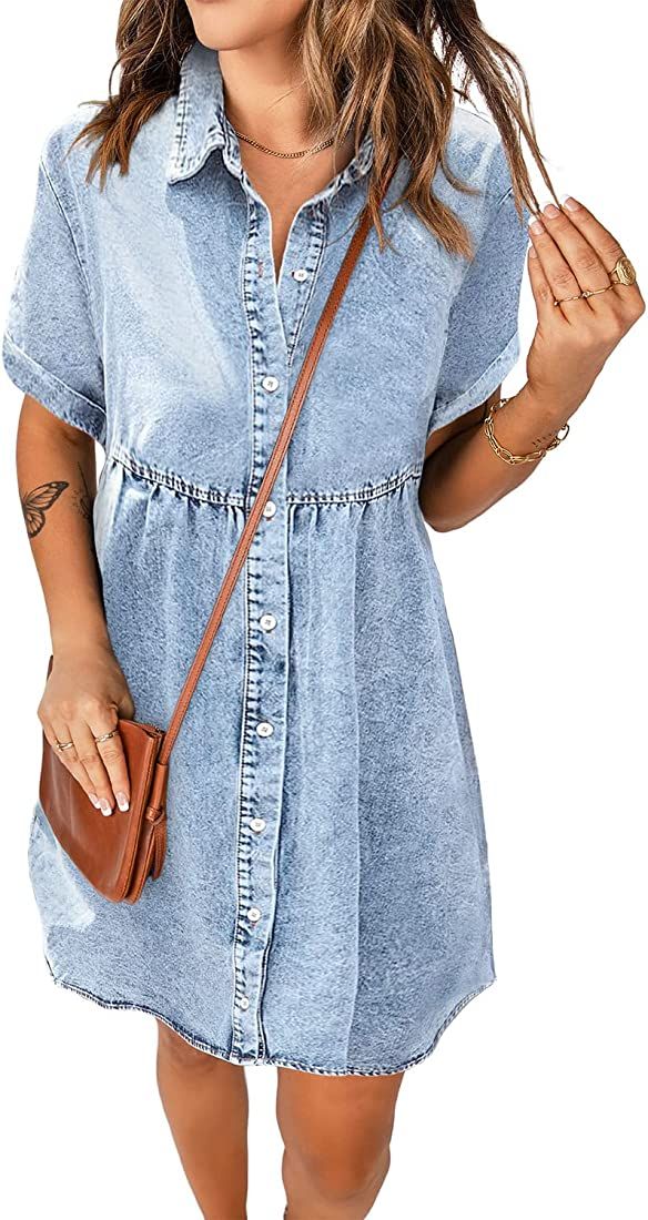 luvamia Women's Casual Denim Dress Short Sleeve Tiered Babydoll Jean Tunic Dress Summer Dress for... | Amazon (US)