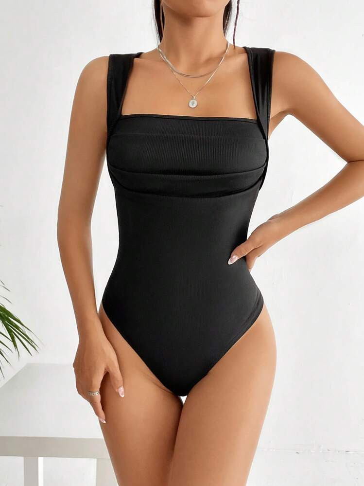 SHEIN Raffinéa Solid Ribbed Knit Tank Bodysuit | SHEIN