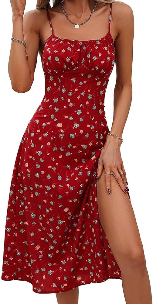Women's Floral Spaghetti Strap Dress - Sleeveless Square Neck Midi Dress with Side Slit for Summe... | Amazon (US)