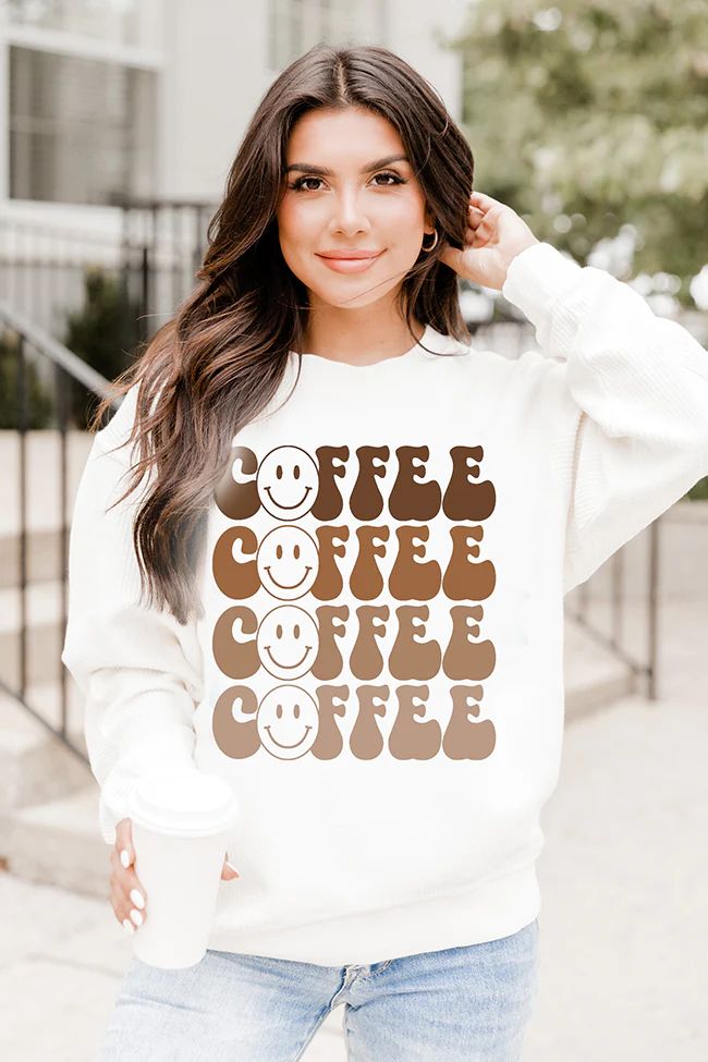 Coffee Smiley Repeat Ivory Corded Graphic Sweatshirt | Pink Lily