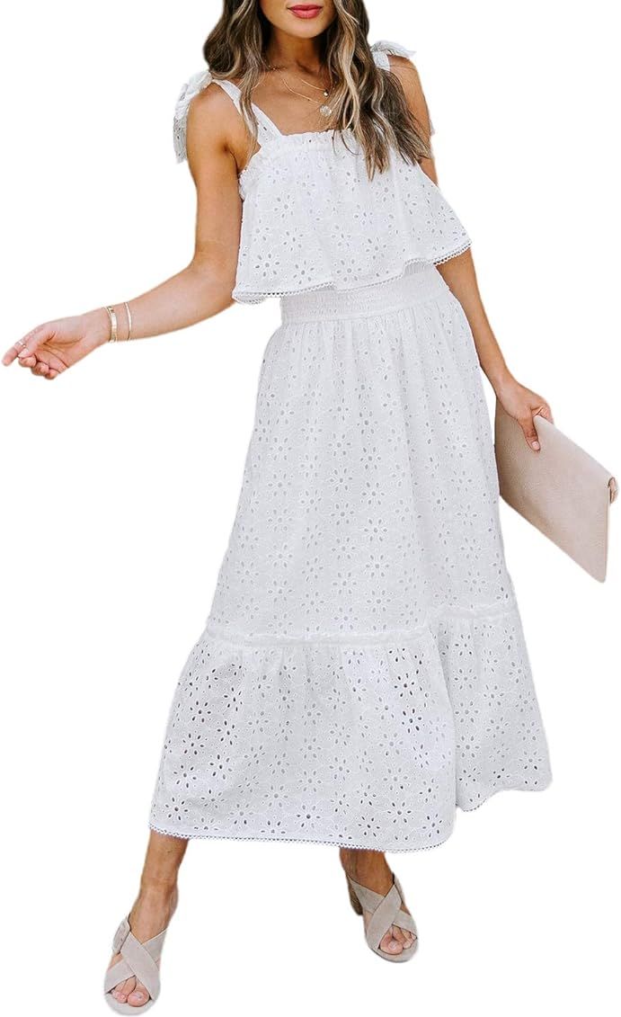 BerryGo Women's Striped Linen Square Neck Long Dress Elegant Eyelet Ruffle Cap Sleeves Midi Dress | Amazon (US)