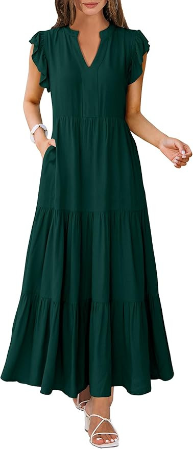 ANRABESS Womens Summer Casual Maxi Dress V Neck Ruffle Sleeve Long Dresses Fashion Flowy Tiered B... | Amazon (US)