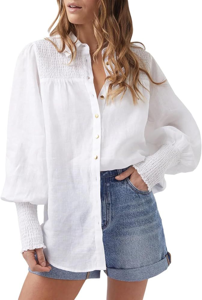 Cicy Bell Women's Button Down Shirts Lantern Long Sleeve Collar Neck Casual Cotton Blouse Tops | Amazon (US)