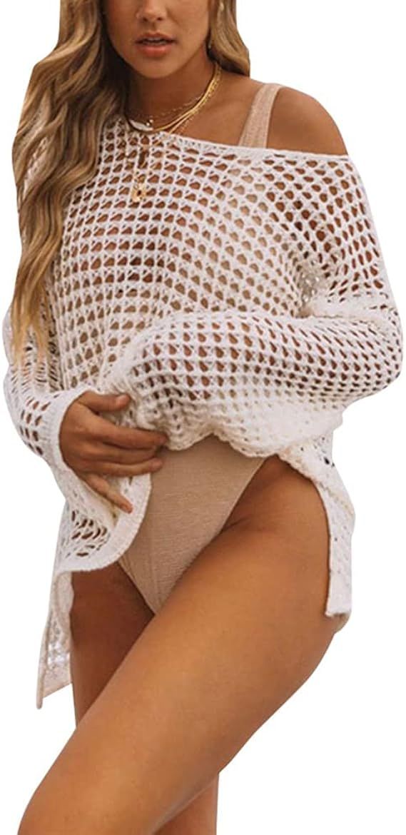 Block Garden Women Crochet Hollow Out Long Sleeve Blouse Beach Swimsuit Cover up | Amazon (US)