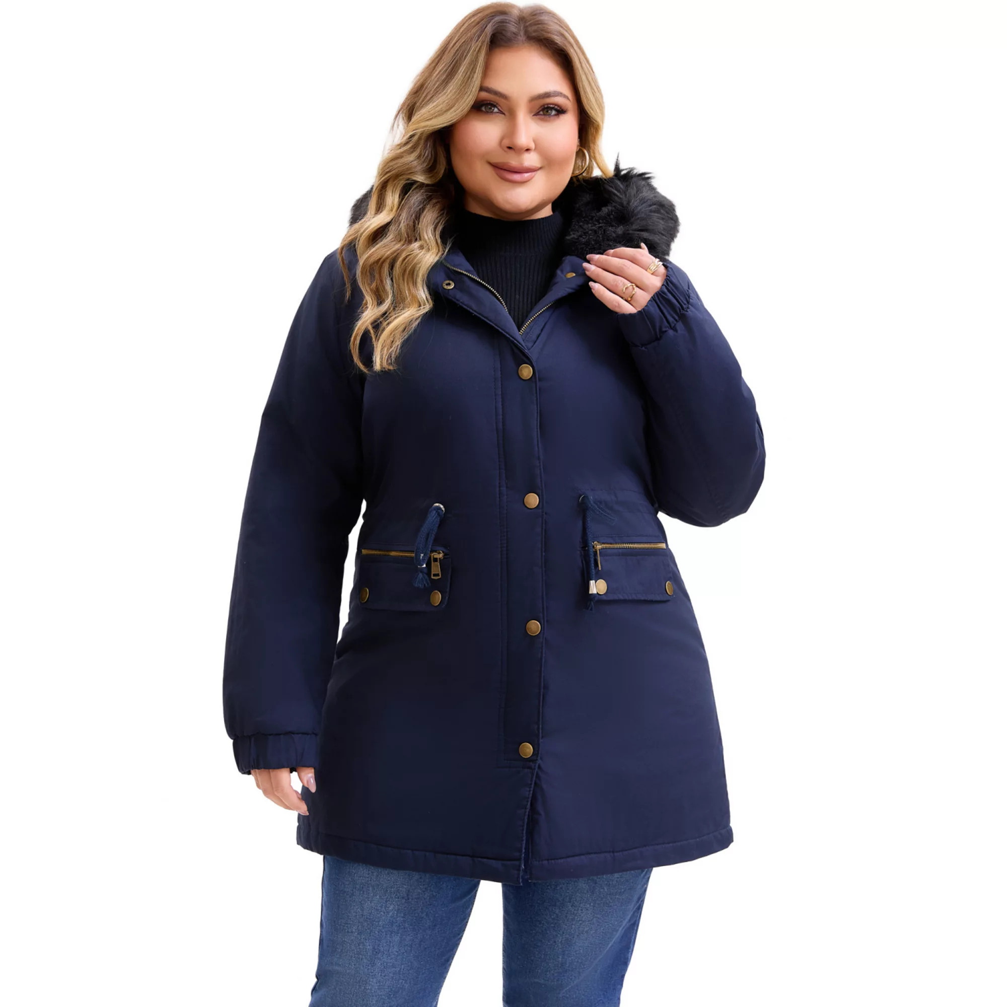 Women's Plus Size Parka Jacket Zipper Up Fleece Lined Windbreaker Faux Fur Hood Drawstring Coat | Kohl's