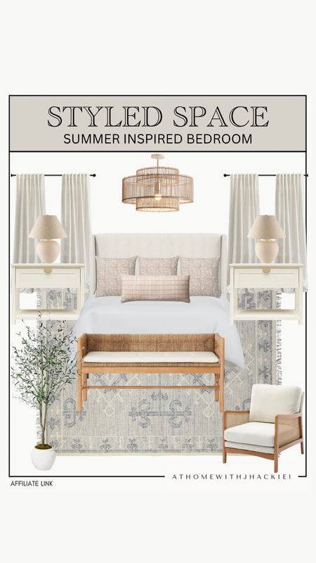 Summer inspired bedroom,  pottery barn decor, neutral bedroom, styled bedroom, platform bed, king bed, rattan bench, bedside bench, olive tree, accent chair, nightstand, ceramic lamp, modern styled bedroom, neutral bedroom styled, chandelier. 

#LTKhome #LTKstyletip #LTKSeasonal