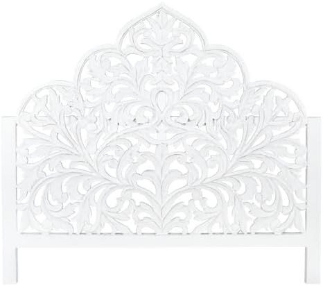 Hand Carved Wood Bed Headboard White Wash Arabic Flower Wall Decor Boho Bed Headboard Home Decor ... | Amazon (US)