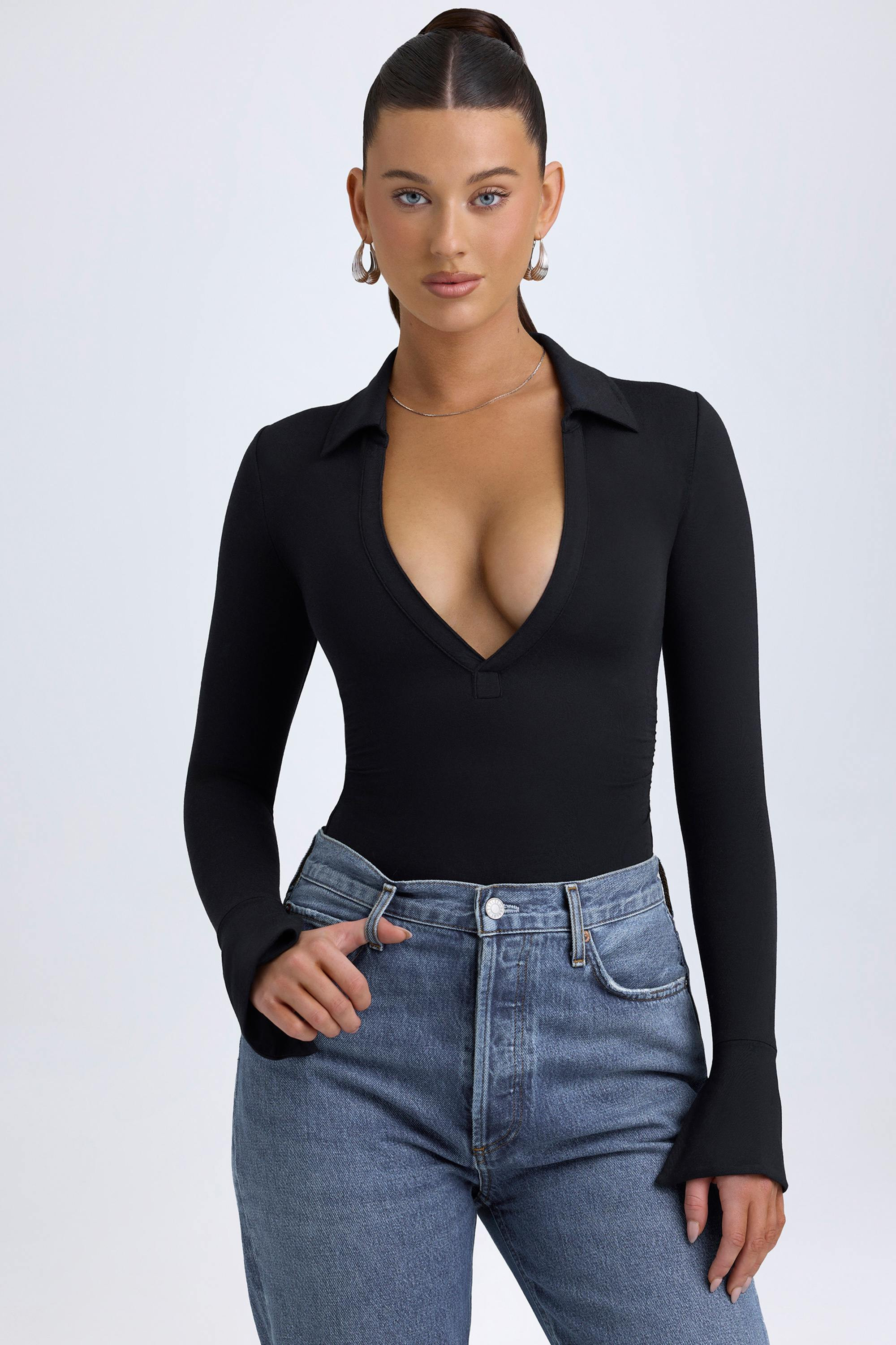 Modal Plunge V-Neck Bodysuit in Black | Oh Polly
