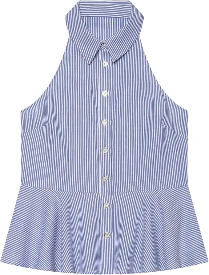 Chevara Women’s Halter Peplum Shirt Sleeveless Button Down Lapel Collar Top | Amazon (US)